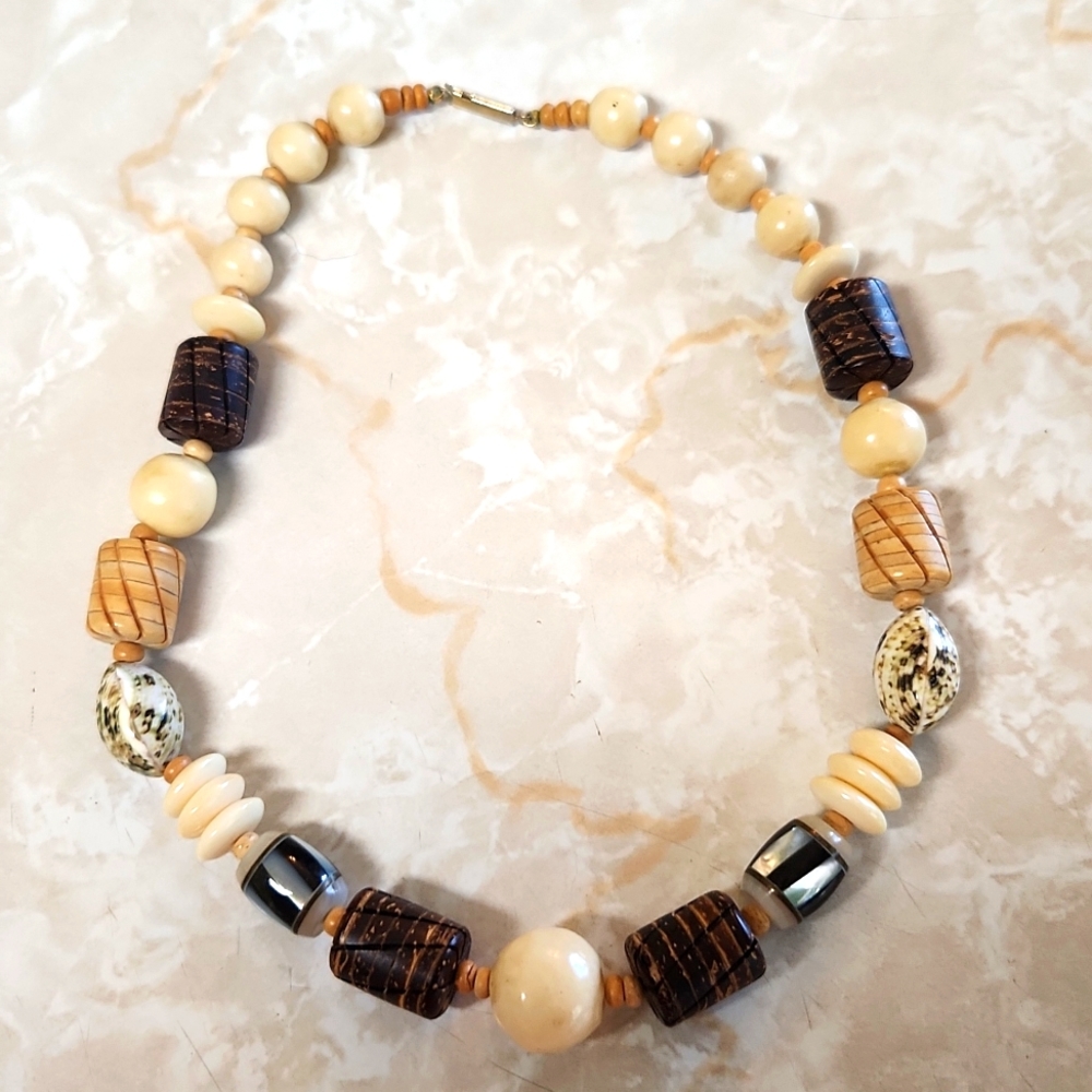 Vintaged Mixed Bead Necklace Wood Shell Artsy Unique Boho
